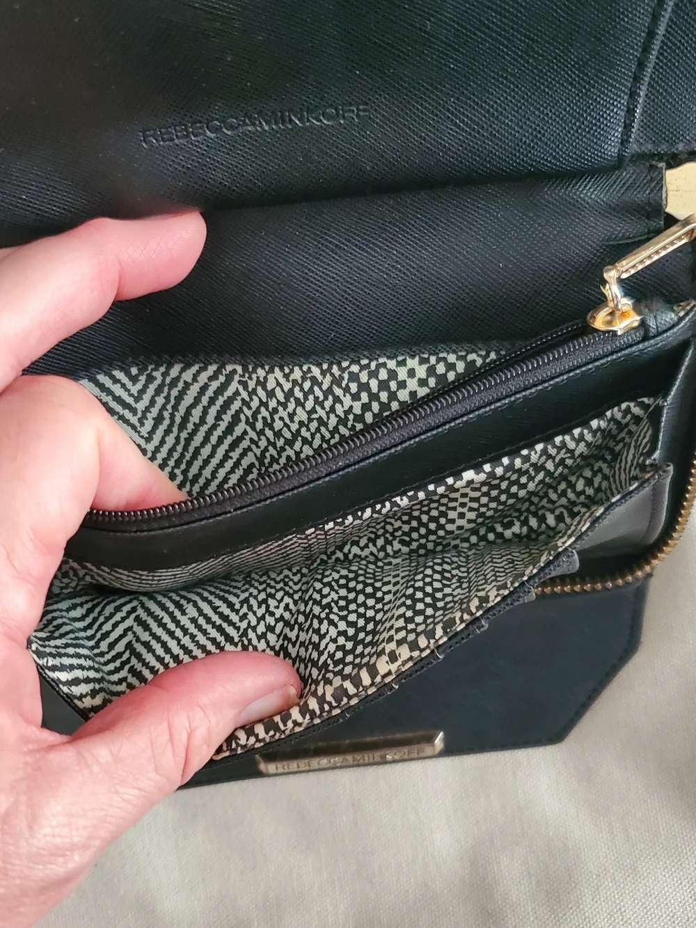 Rebecca Minkoff Black Saffiano Wristlet Clutch with Gold Plaque